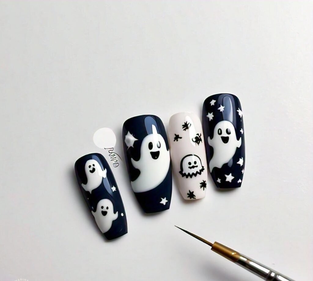 black white halloween nail art designs