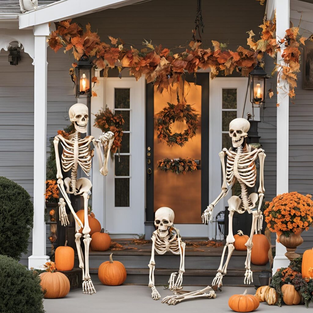 a group of skeletons sitting on the steps of a house halloween decor