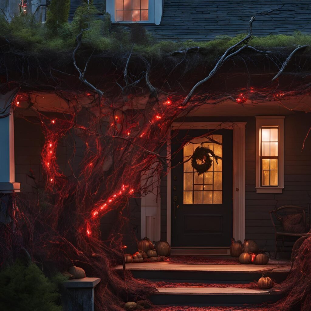 a house with a tree covered porch and lights halloween porch decor