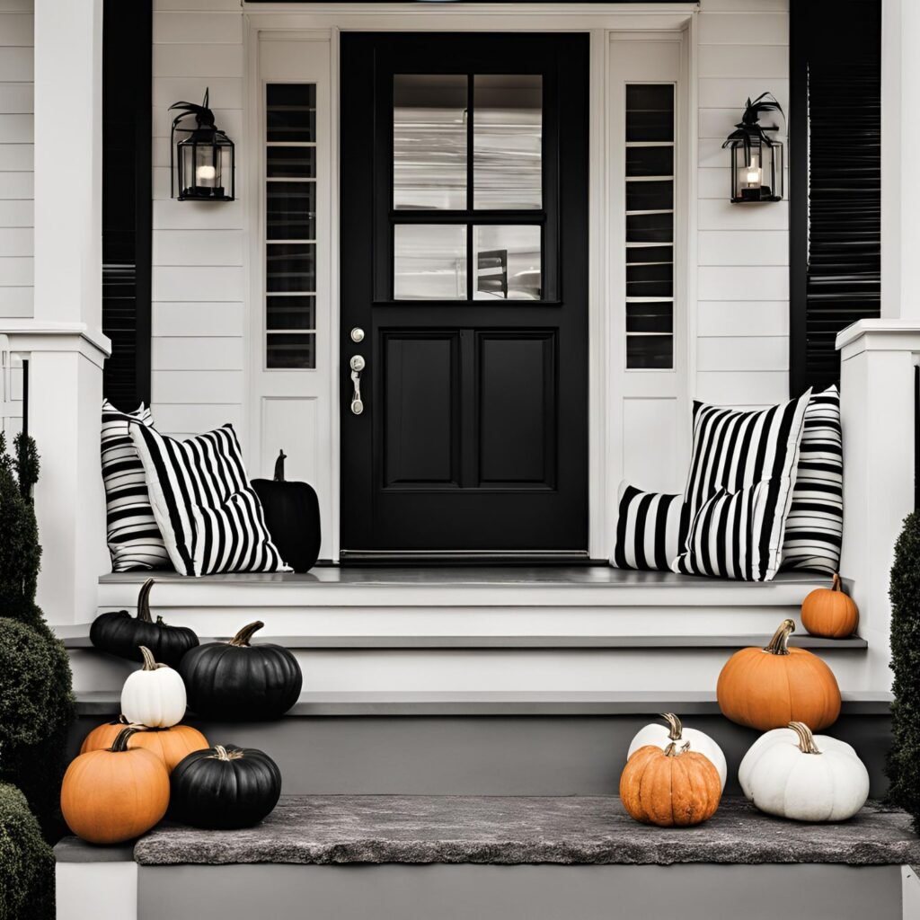 black white Halloween porch decor