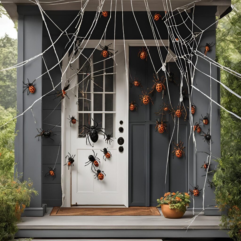 a spider webs on a door halloween decor ideas