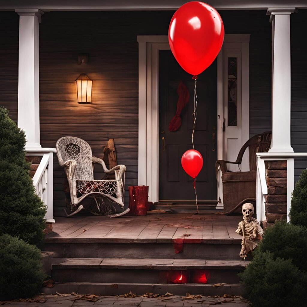 a skeleton holding a red balloon in front of a house Halloween decor idea